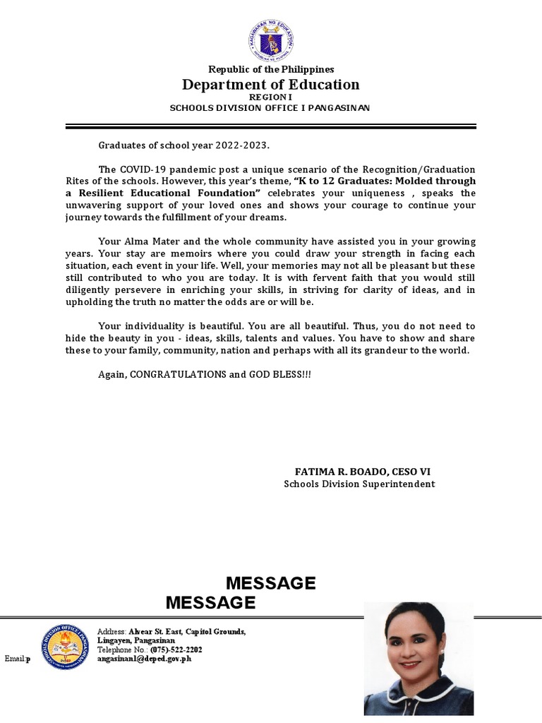 Graduation Message for K to 12 Graduates | PDF | Wellness