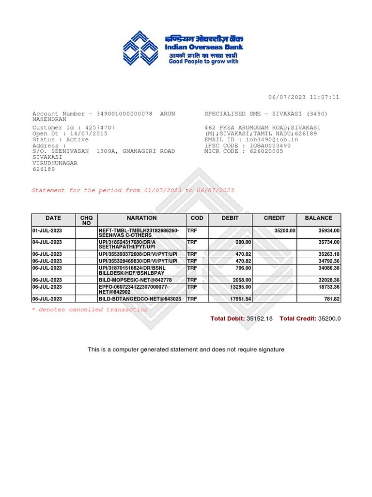 Indian Overseas Bank Statement Summary | PDF