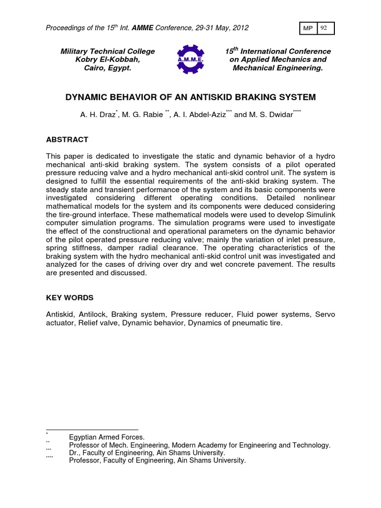 60Dynamic Behavior of An Antiskid Braking System PDF Anti Lock