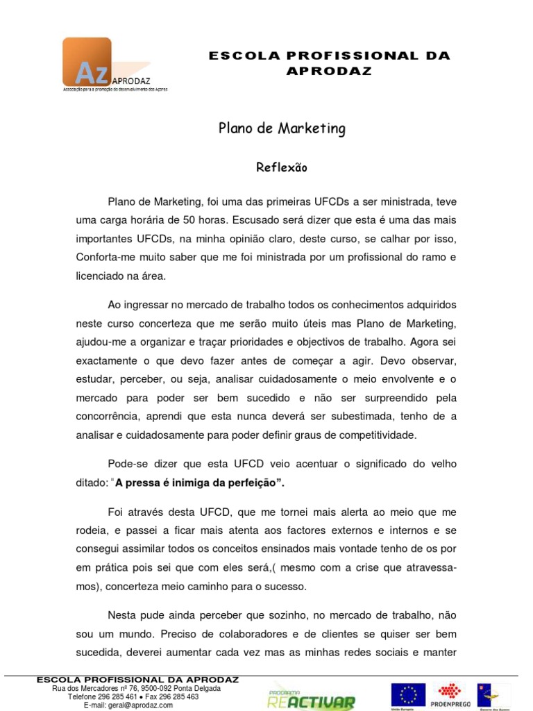 Reflexões sobre o Plano de Marketing | PDF