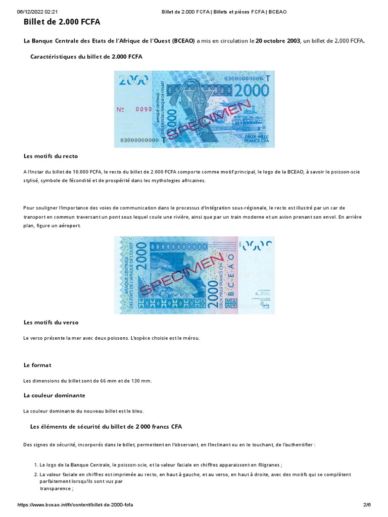 Billet de 2000 FCFA : caractéristiques clés | PDF