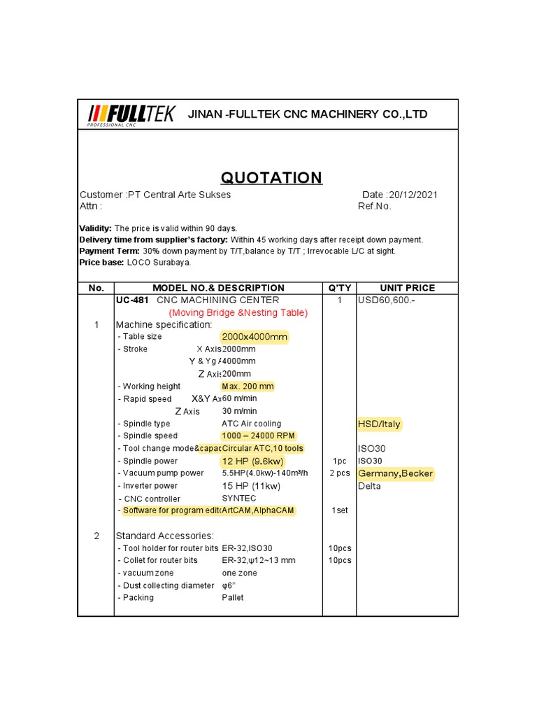 CNC Machining Center Quotation Details | PDF | Electric Motor ...