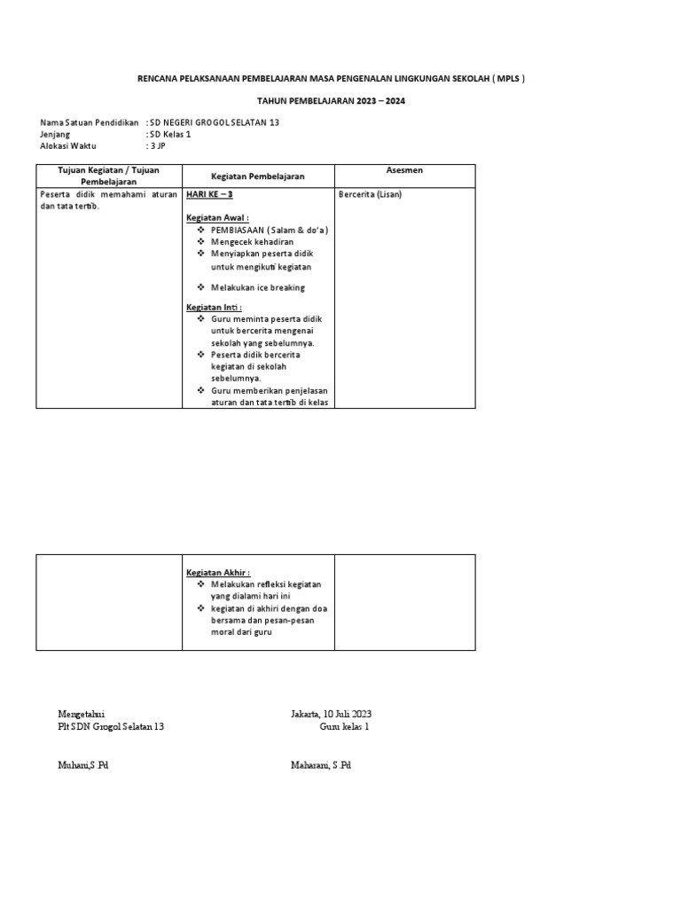 RPP MPLS Kelas 1 SD 2023-2024 | PDF