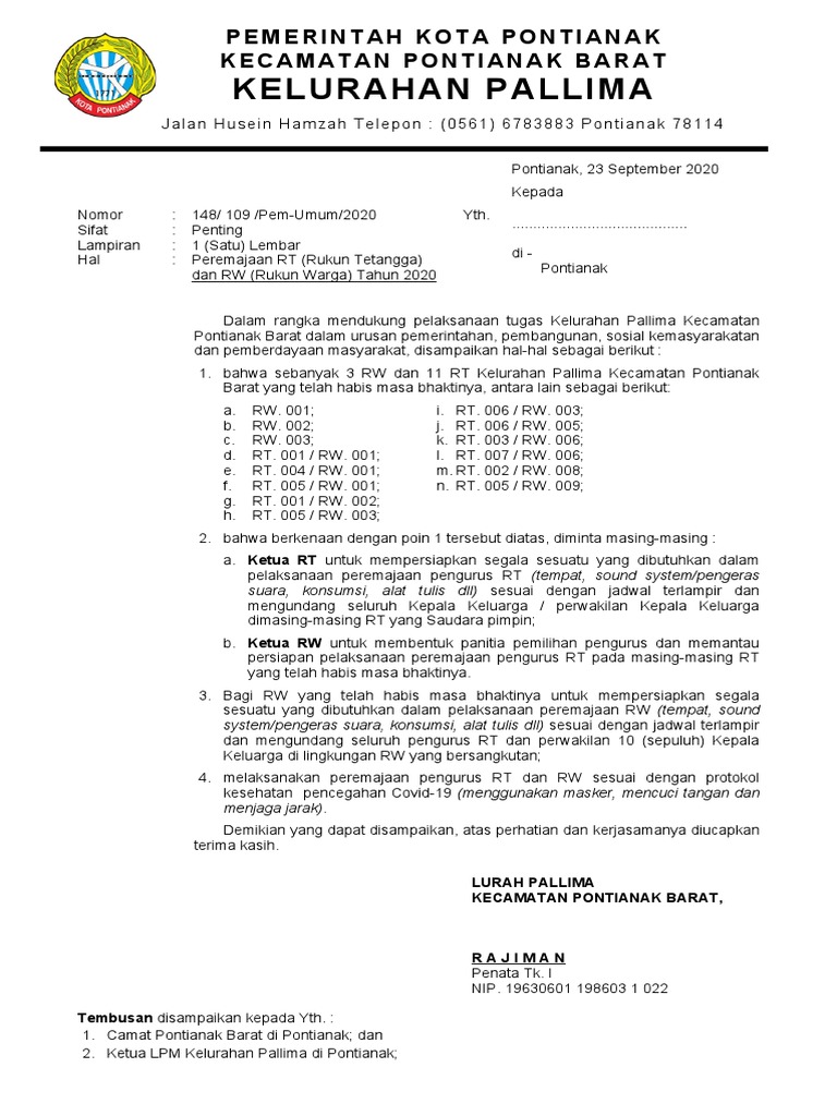 Surat Pemberitahuan Peremajaan RT RW 2020 | PDF | Griya & Taman