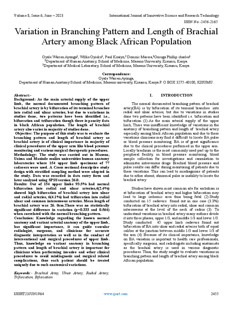 Variation in Branching Pattern and Length of Brachial Artery Among ...