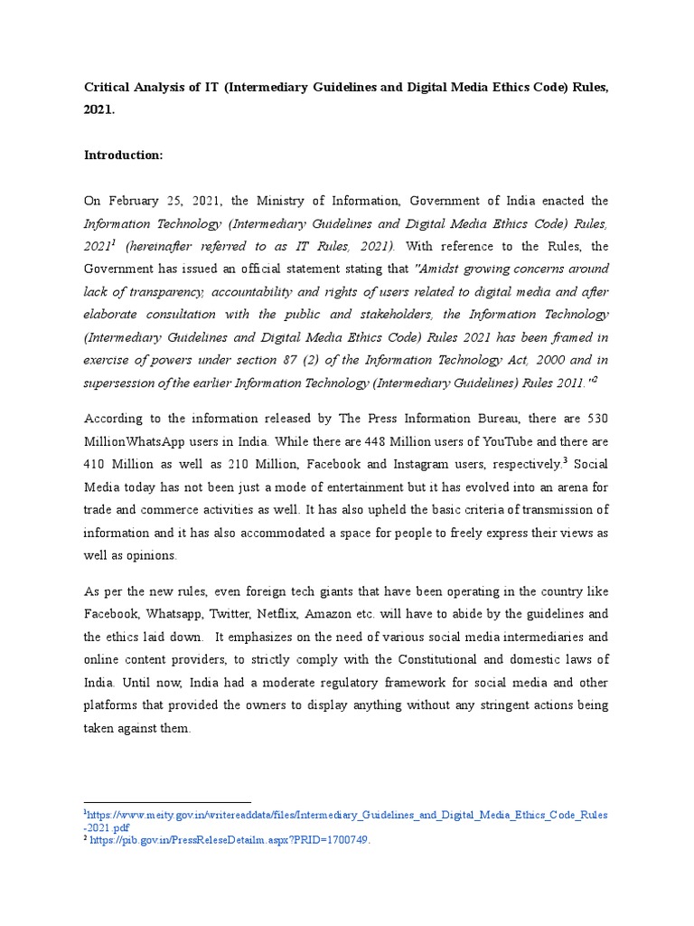Critical Analysis of IT (Intermediary Guidelines and Digital Media