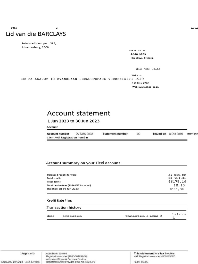 June 2023 Absa Account Statement | PDF | Payments | Money