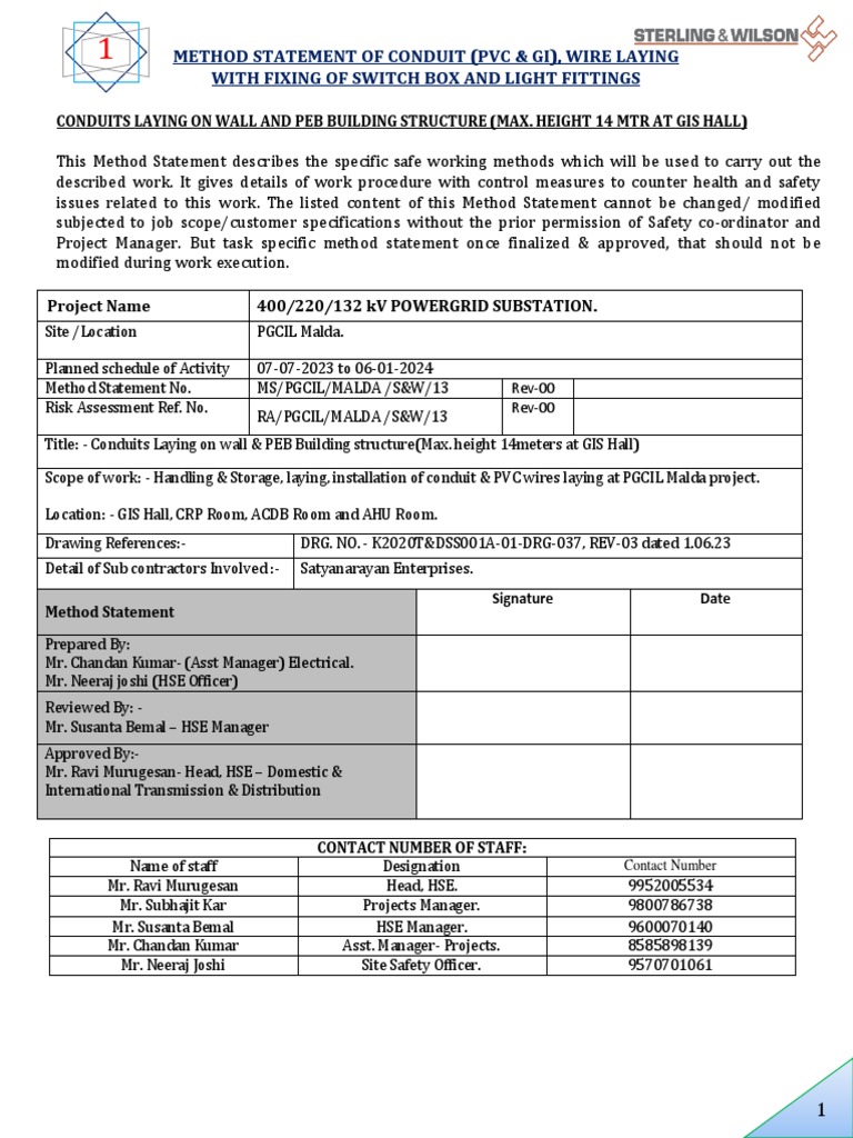 PVC & GI Conduit Installation Method Statement | PDF | Switch | Ladder
