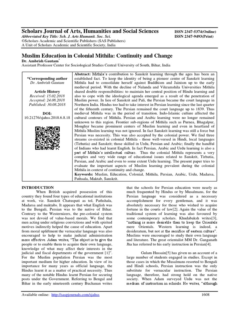 Muslim education in colonial mithila con pdf urdu persian language