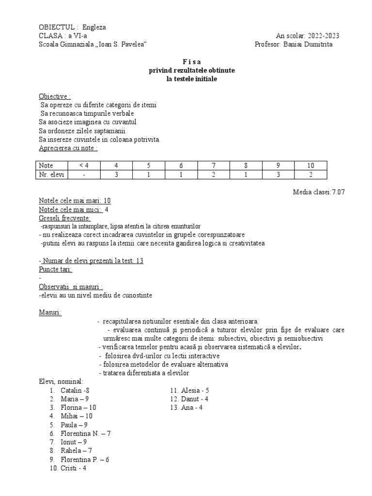 Interpretare Test Initial 6 | PDF