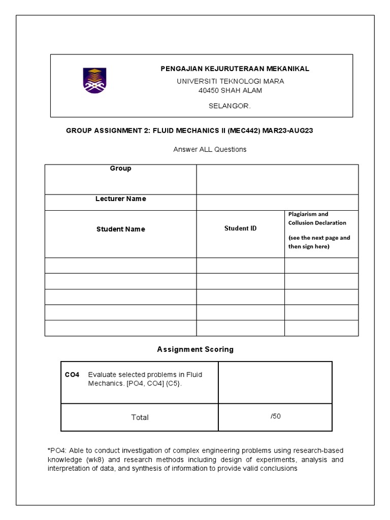 MEC442 Fluid Mechanics Group Assignment | PDF | Plagiarism | Pump