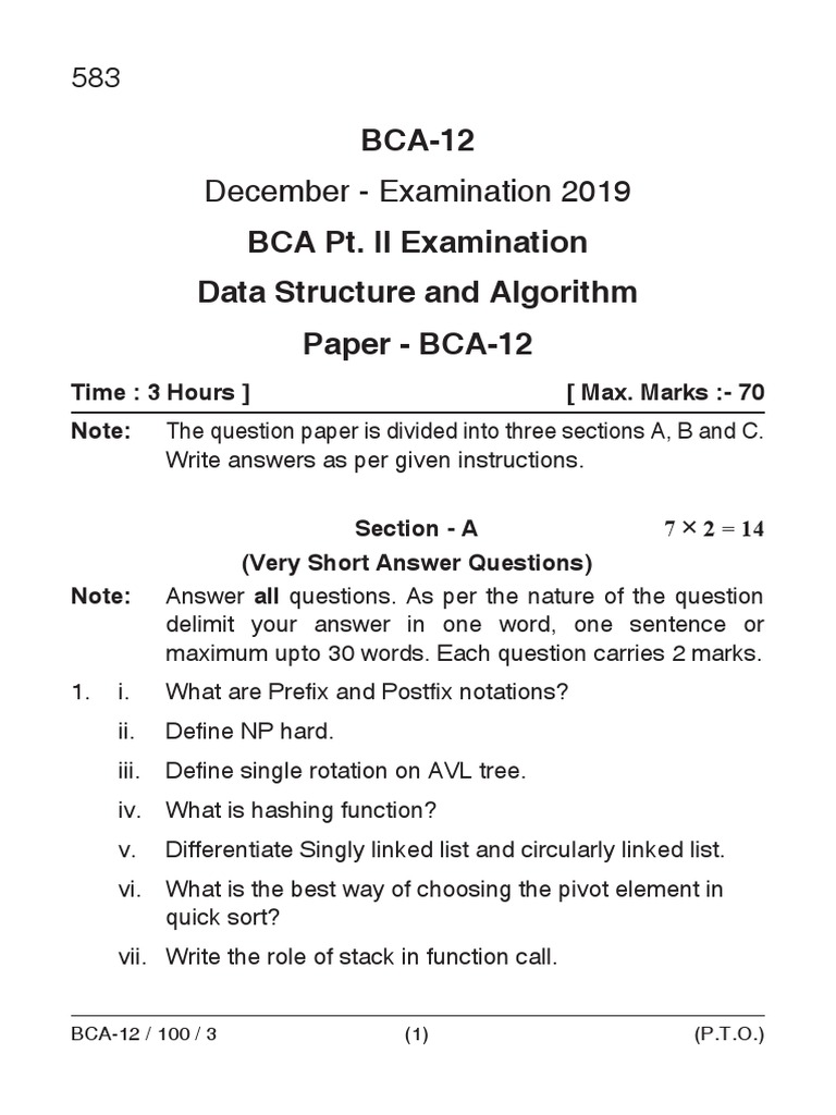 BCA-12 BCA Pt. II Examination Data Structure and Algorithm Paper - BCA ...