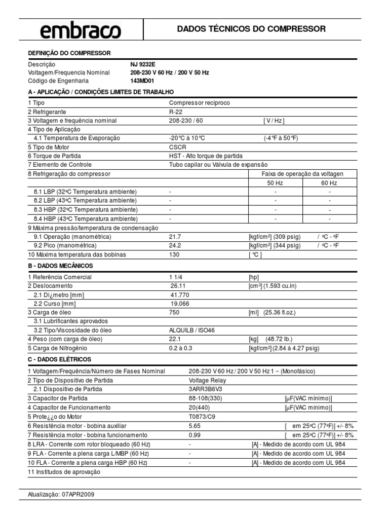 Dados Técnicos do Compressor NJ 9232E | PDF | Refrigeração | Ciência de ...
