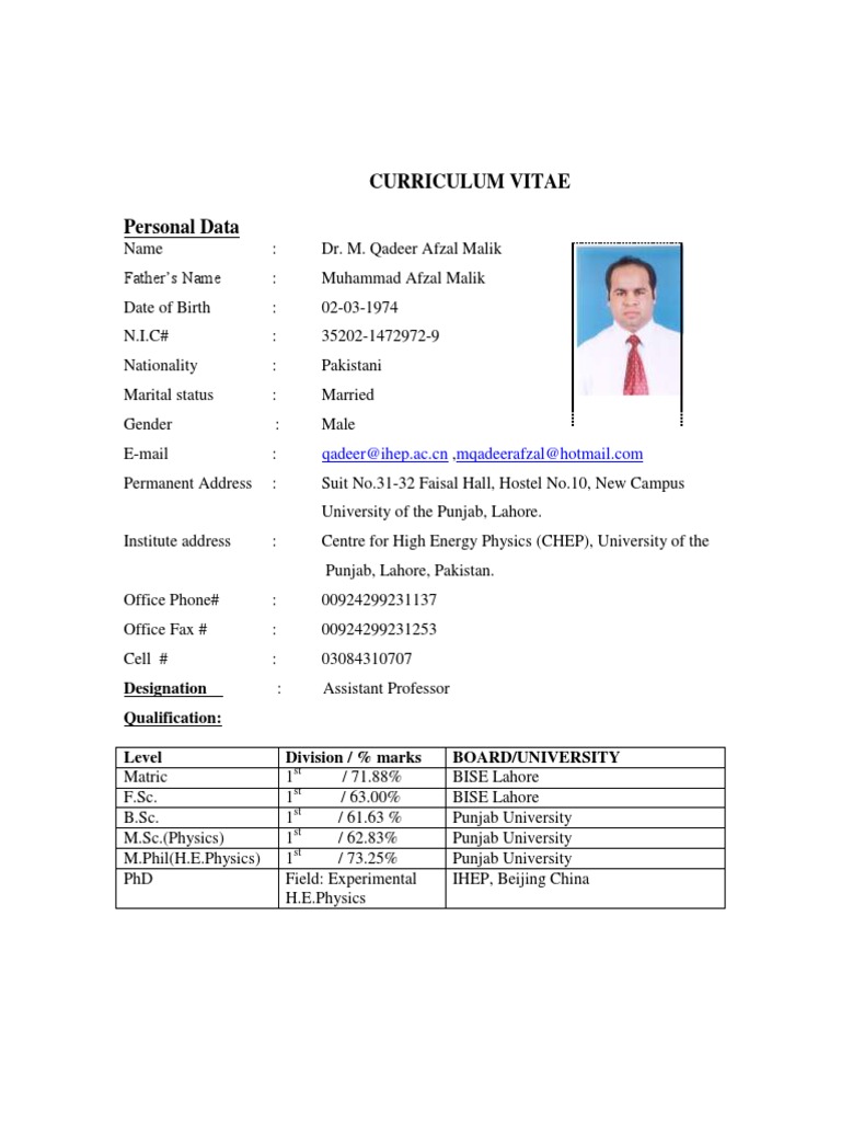 Dr. M. Qadeer Afzal Malik CV | PDF | Theoretical Physics | Physics