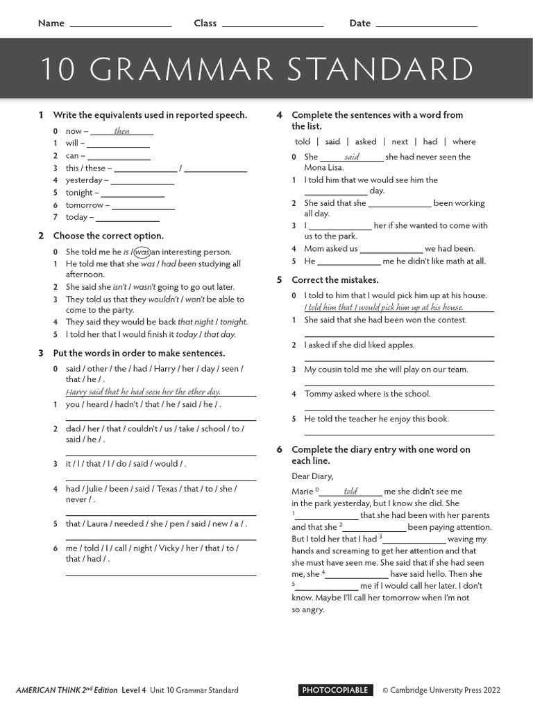 AmericanThink2ed - TR4 - Unit 10 Grammar Standard | PDF | Linguistics