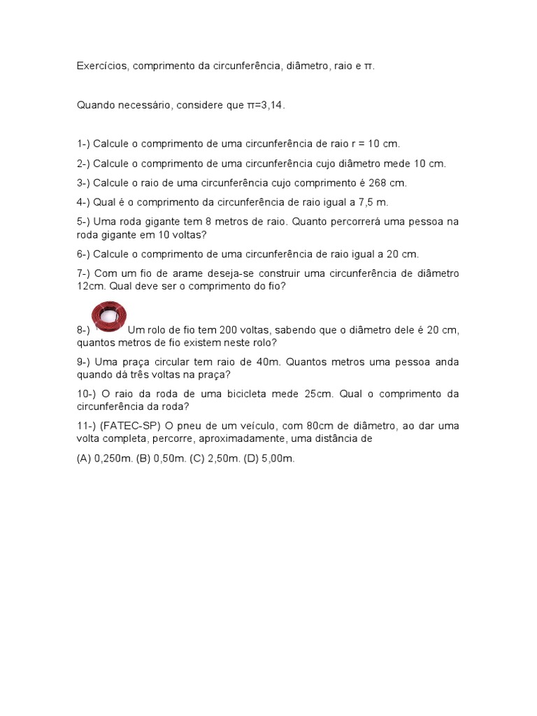 Exercícios de Comprimento Da Circunferência 2 | PDF