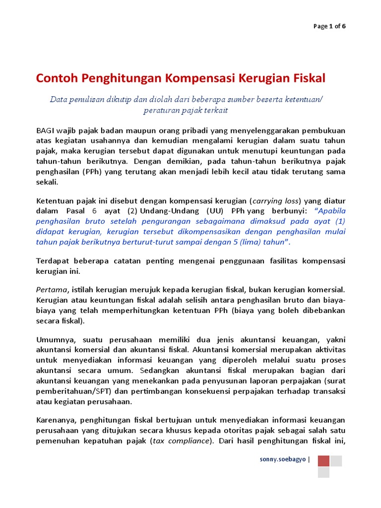 Contoh Penghitungan Kompensasi Kerugian Fiskal Used Part 1 Pdf