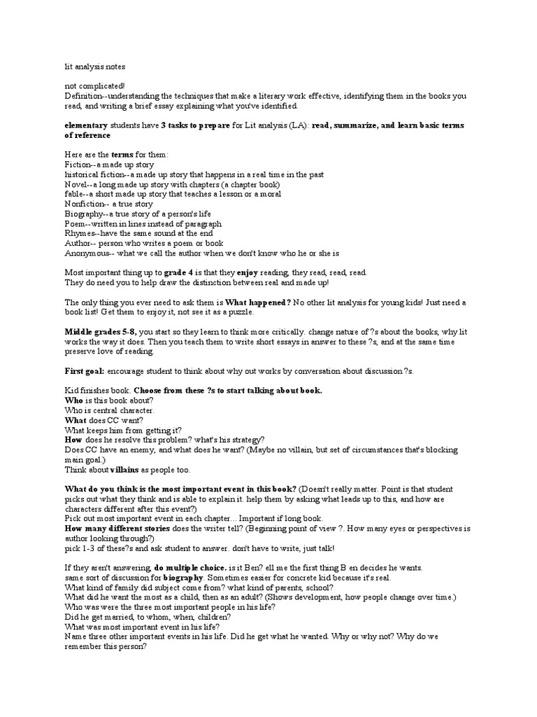 Lit Analysis Notes, Bauer | PDF | Essays | Books