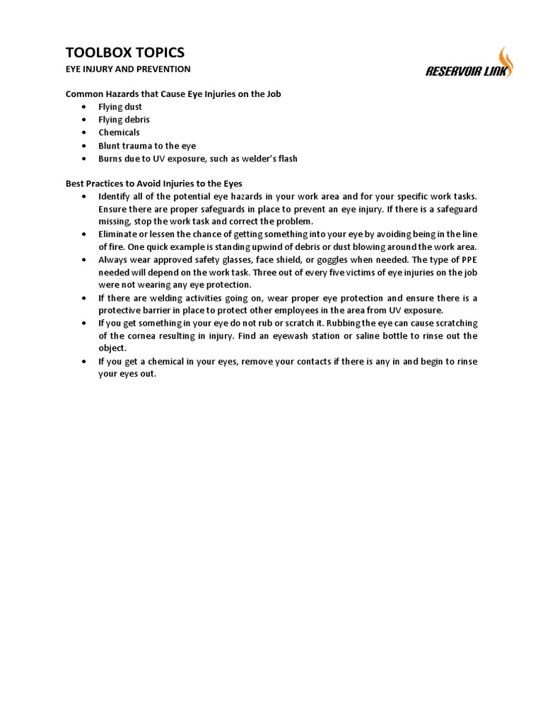 Toolbox Topics Eye Injury Protection PDF