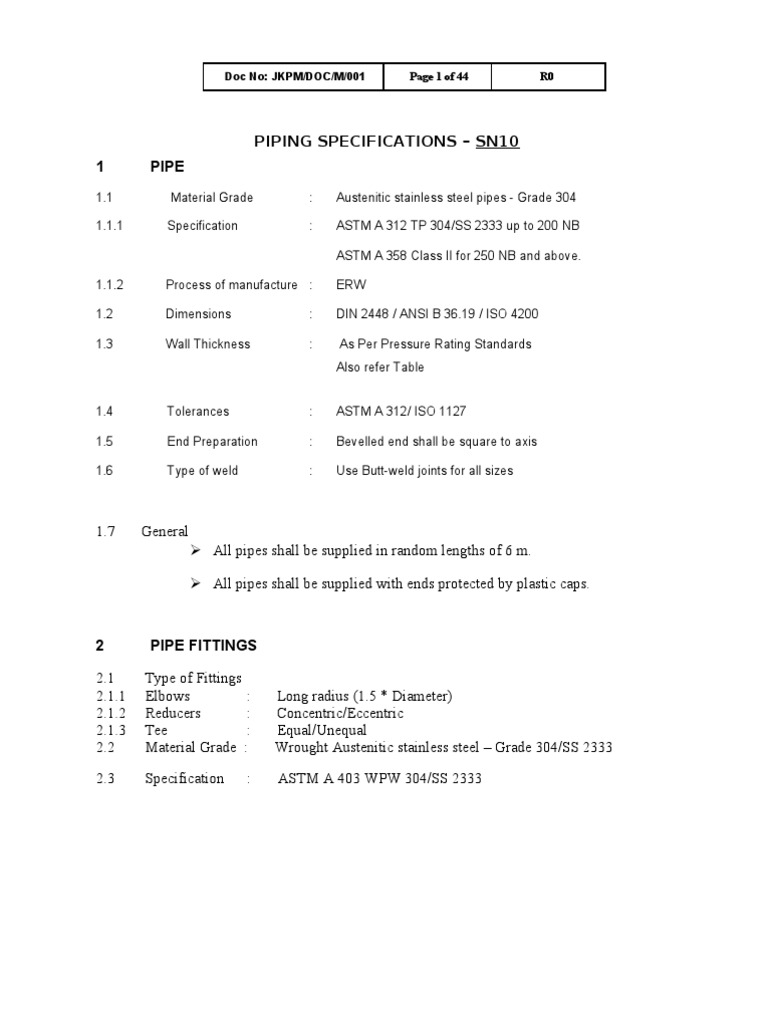 Piping Specifications - Sn10 1 Pipe: Doc No: JKPM/DOC/M/001 Page 1 of ...