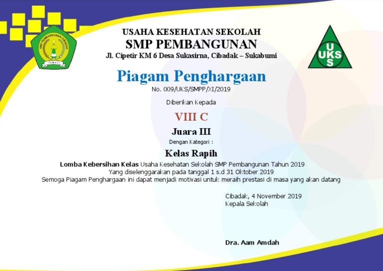 Piagam Lomba Kebersihan Kelas Pdf