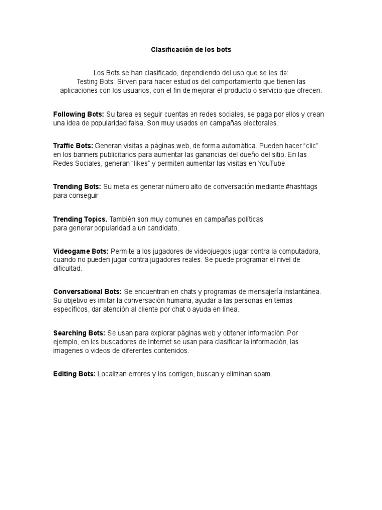 Tipos de Bots y sus Usos Específicos | PDF