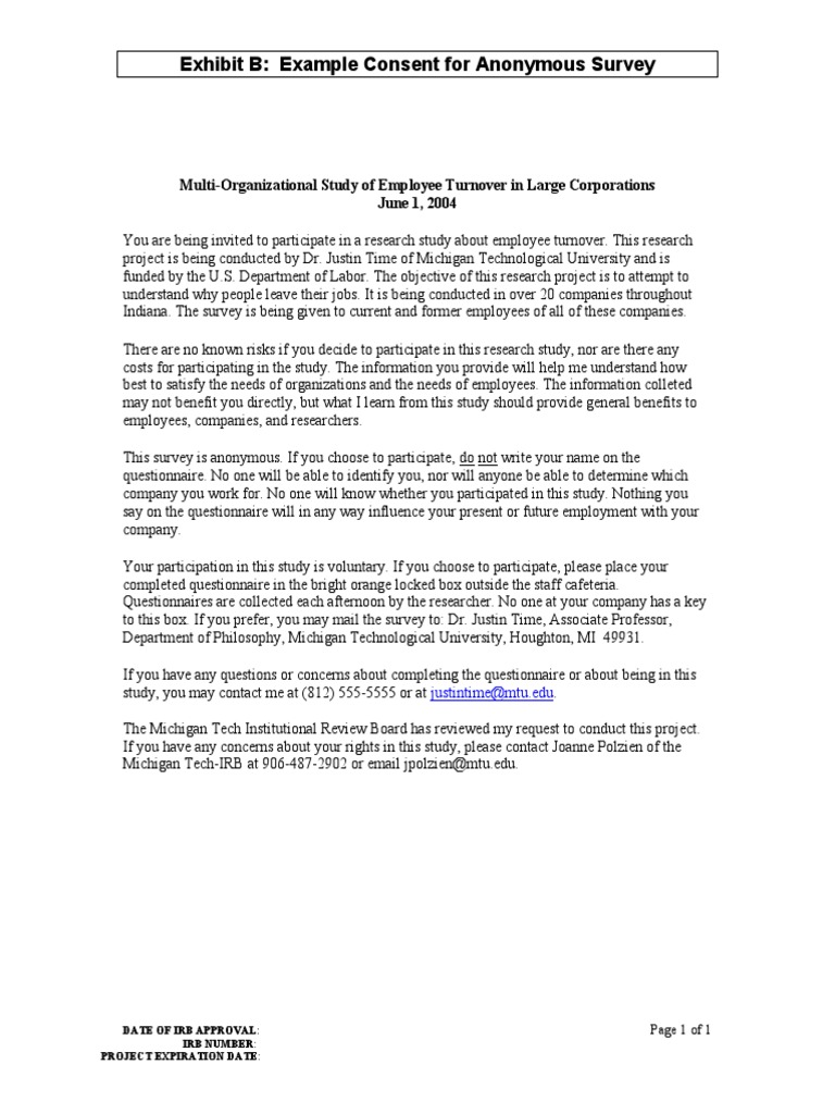 exhibit-b-anon-survey-example | PDF | Employment | Institutional Review ...
