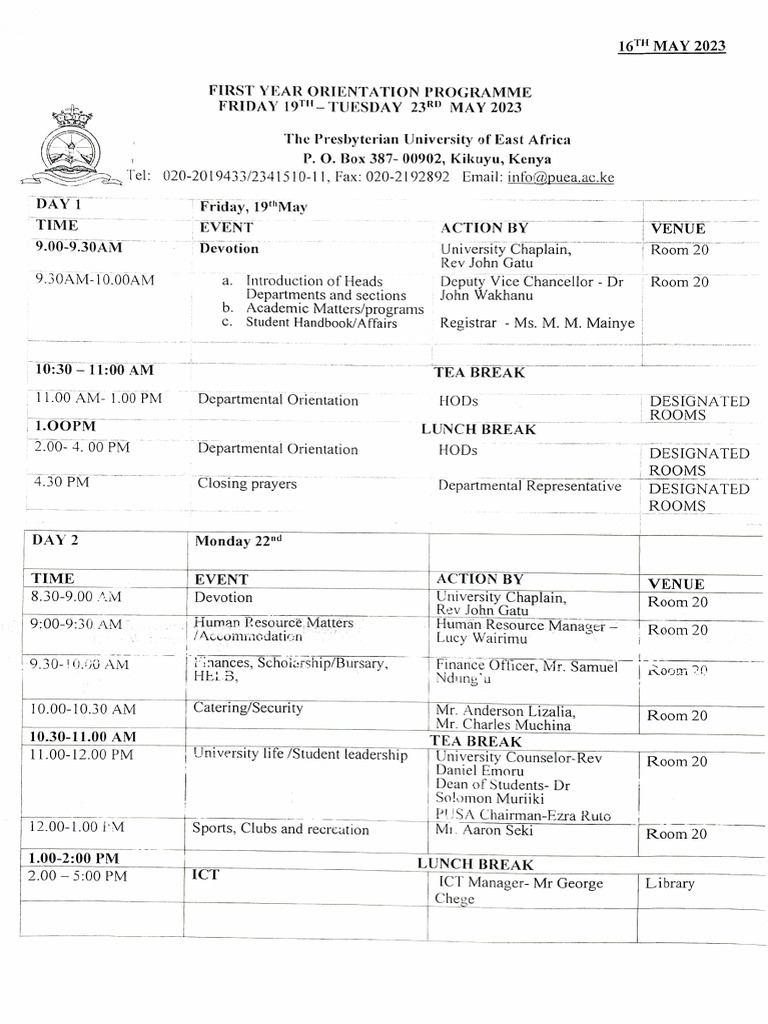 First Year Orientation Schedule | PDF | Academic Administration | Academia