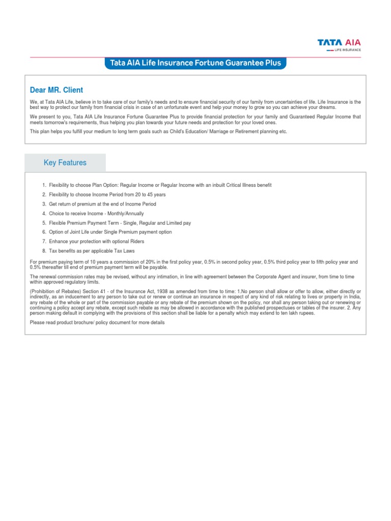 Tata AIA Fortune Guarantee Plus Plan | PDF | Insurance | Life Insurance