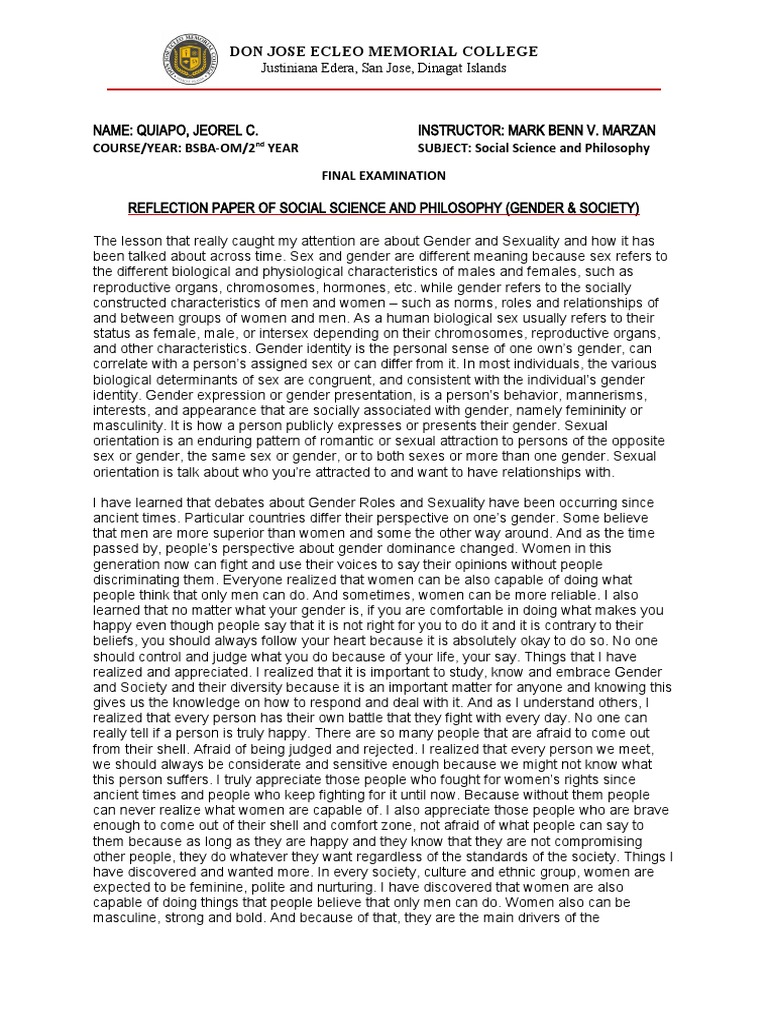 Reflections on Gender and Society | PDF | Gender | Gender Studies