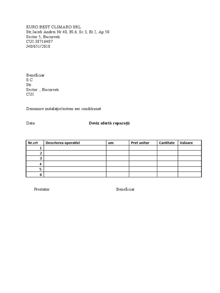 Deviz Prestari Servicii | PDF