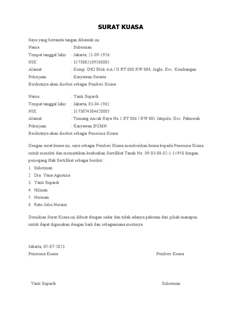 SURAT KUASA Sertifikat Tanah | PDF