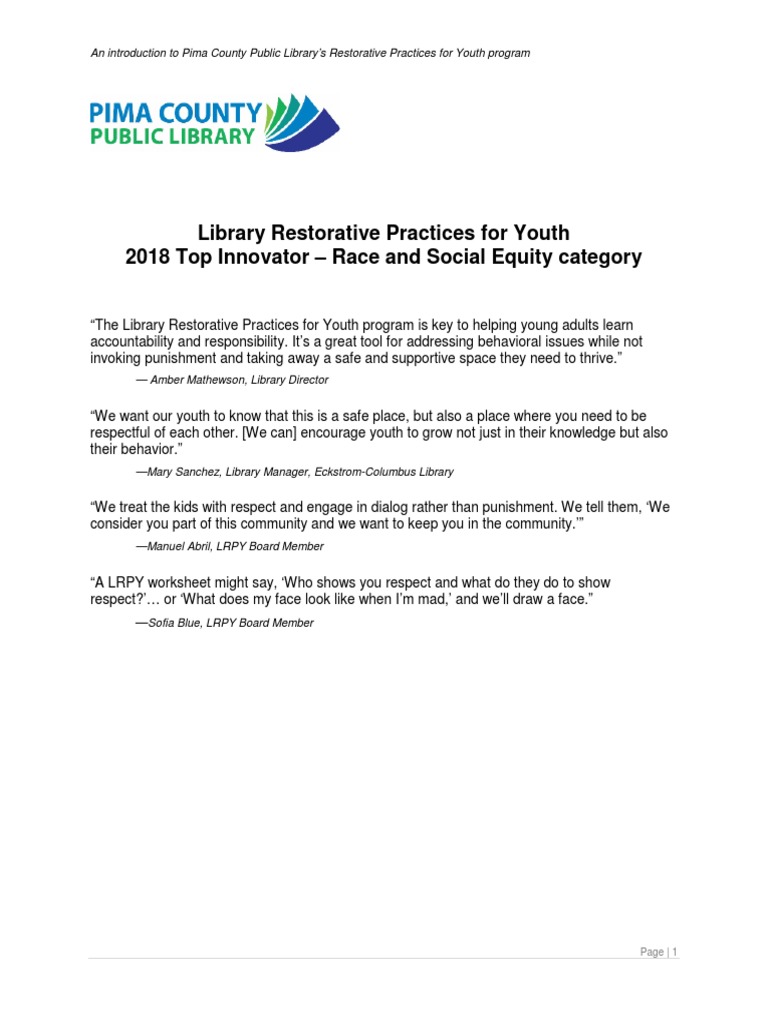 Library Restorative Practices For Youth Pima County Public Library