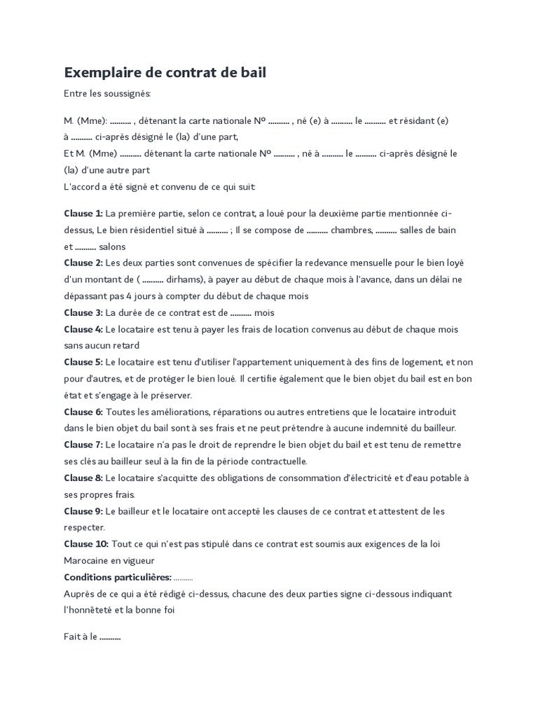 Modèle de contrat de bail standard | PDF | Finance et gestion monétaire ...