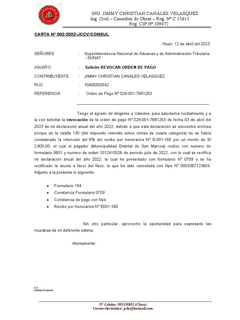 Solicitud de Revocación de Orden de Pago | PDF | Impuestos | Finanzas ...