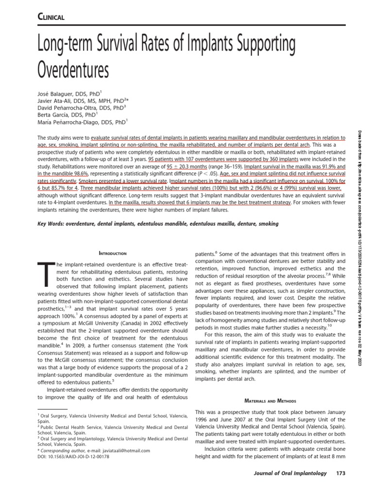 Long-termSurvival Rates of Implants Supporting Overdenture | PDF ...