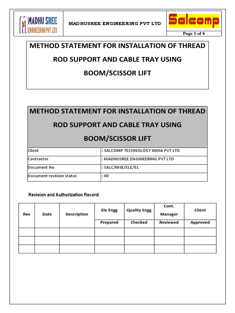 Method Statement For Installation of Thread Rod Support and Cable Tray