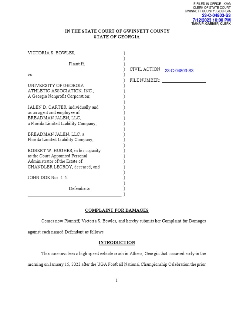 2023.07.12 Bowles V UGAA Et Al Complaint | PDF | Injury | Traffic