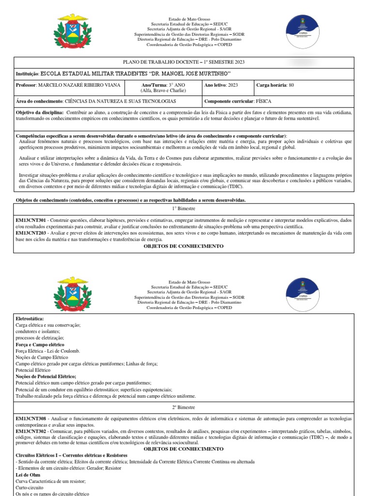 Plano de Trabalho de Física 2023 - 3º Ano | PDF | Eletricidade | Science