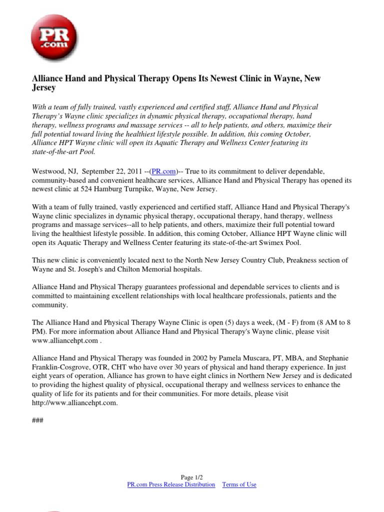 Alliance Hand and Physical Therapy Opens Its Newest Clinic in Wayne