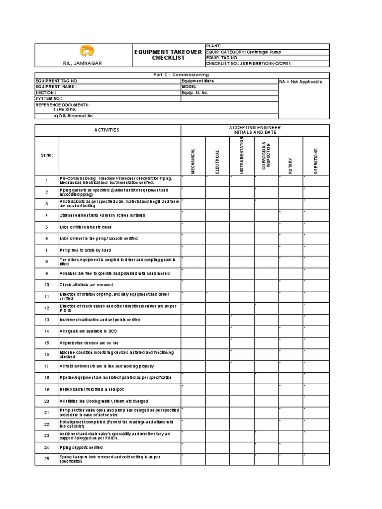 Pump Checklist Commissioning PDF Pump Valve