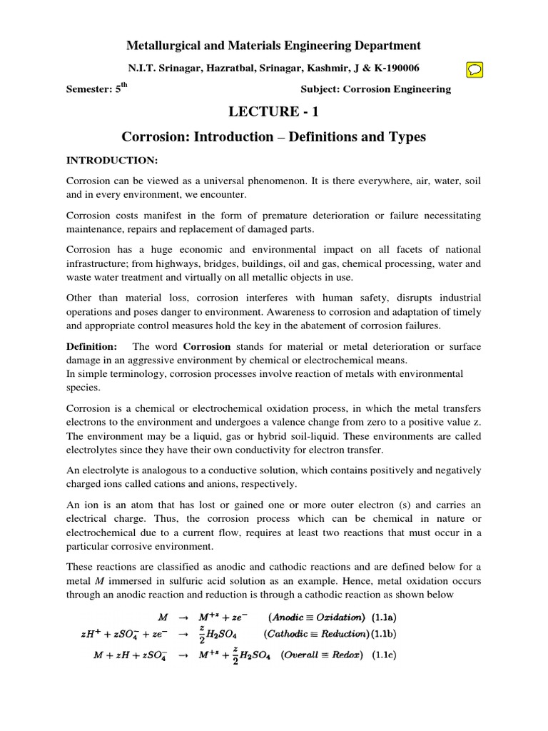 Corrosion engineering lecture 1 pdf corrosion redox