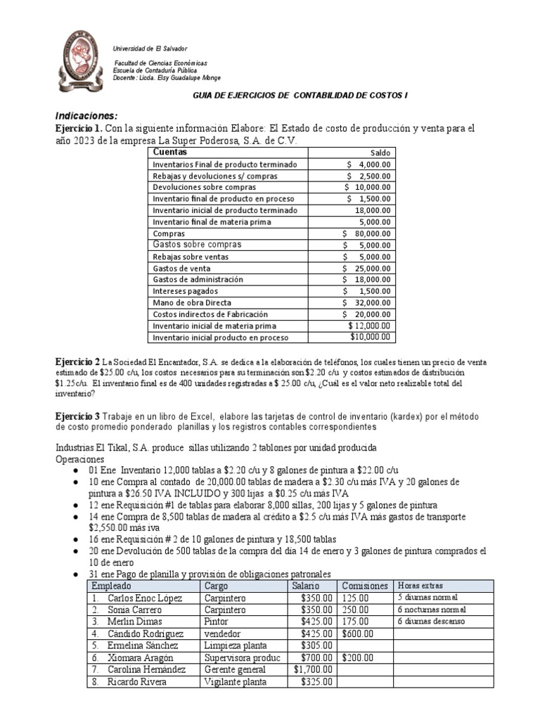 Guía de Ejercicios de Contabilidad de Costos | PDF | Contabilidad ...