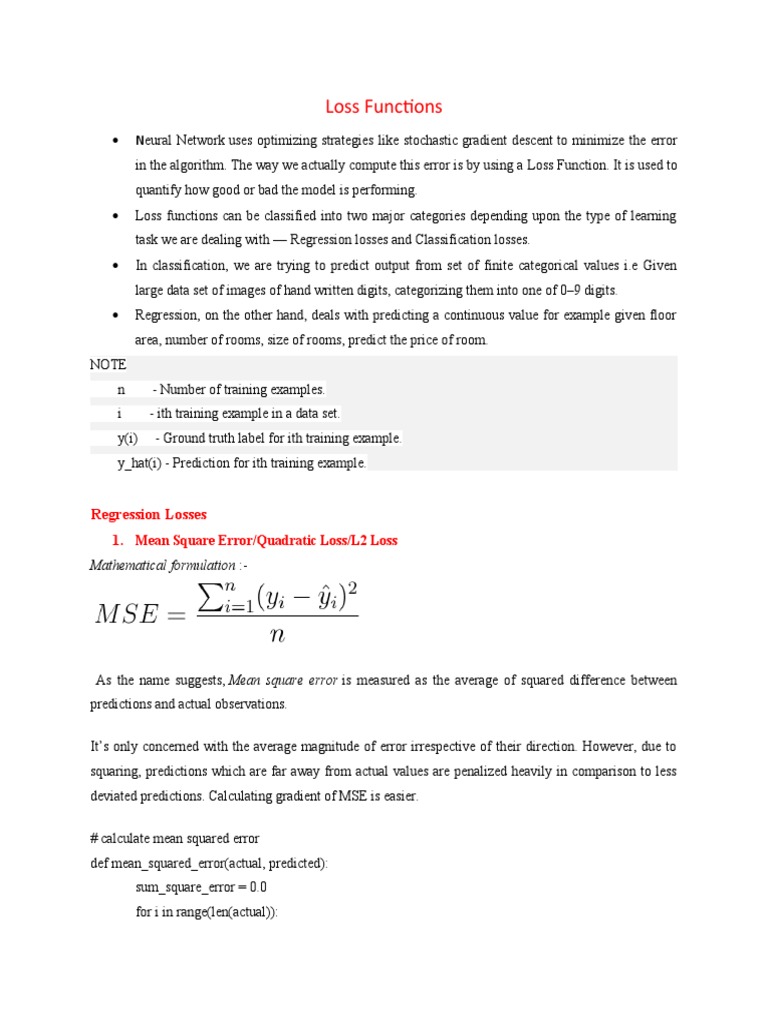 Loss Functions | PDF | Mean Squared Error | Loss Function