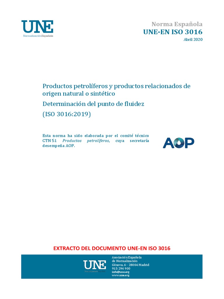 Norma UNE-EN ISO 3016: Punto de Fluidez | PDF | Petróleo | Ciencias fisicas