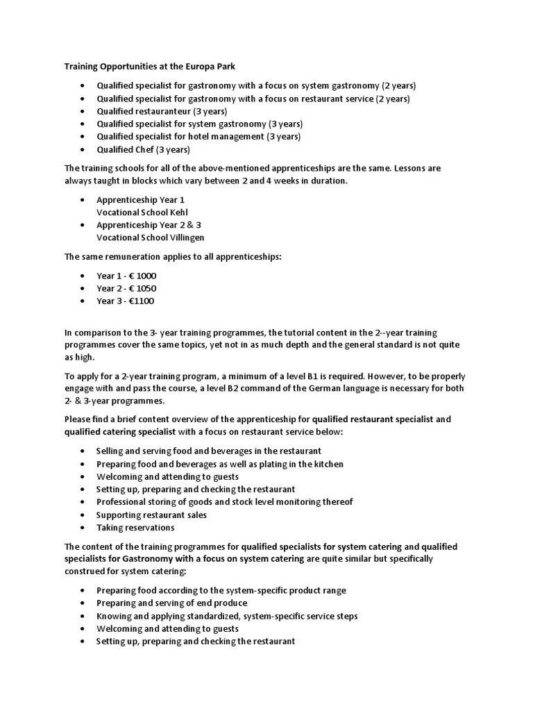 Europa Park Ausbildung Training Program PDF Restaurants Chef