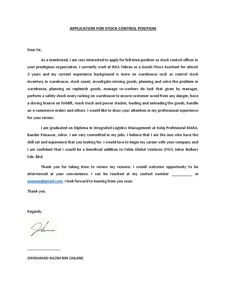 Application for Stock Control Officer | PDF | Finance & Money Management