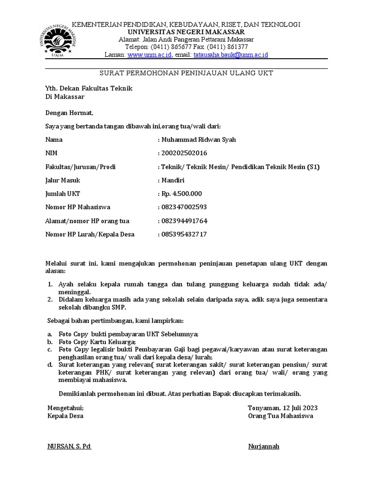 Surat permohonan peninjauan ulang ukt iwan pdf