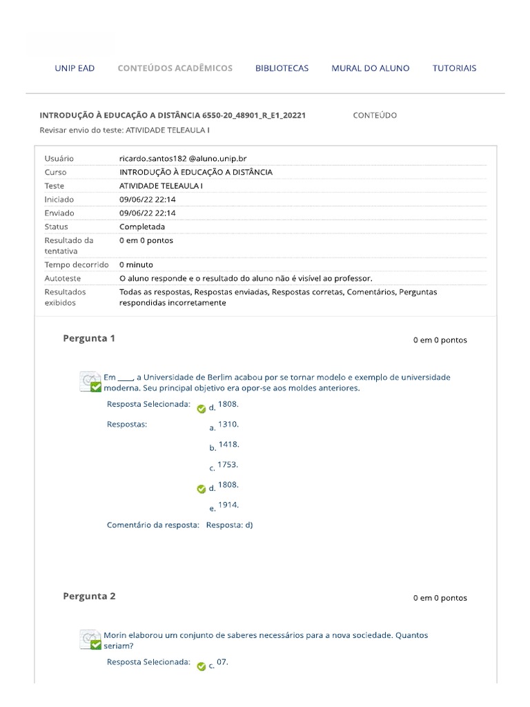 Unip Introdução A Ead Avaliação Aula 1 - 4p | PDF