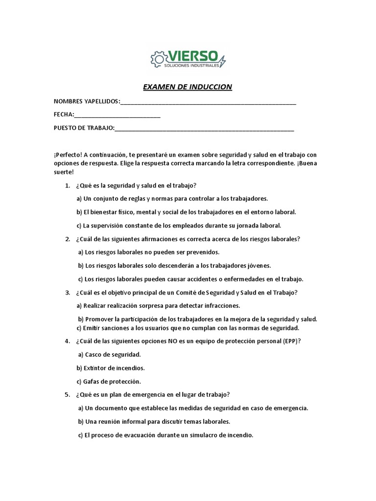 Examen De Induccion Pdf